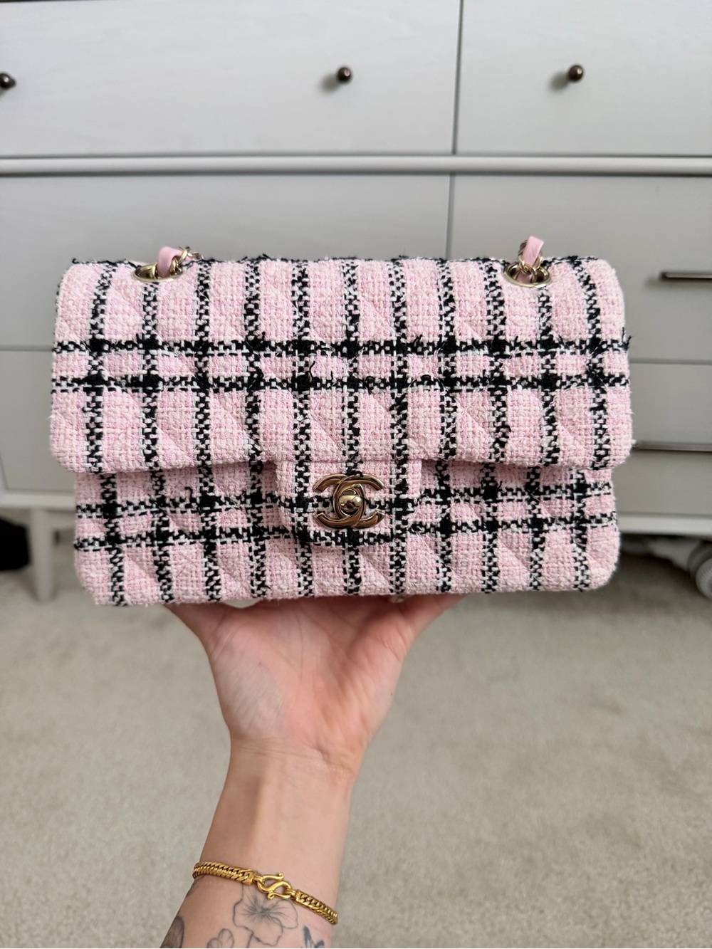 CHANEL Pink and Black Tweed Shoulder Bag with Gold Chain