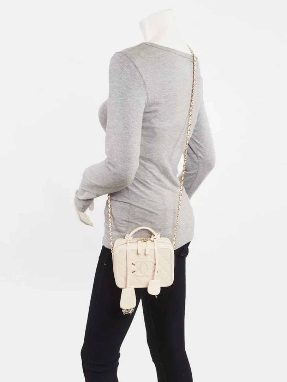 Chanel White Quilted Caviar Leather Filigree Mini Vanity Case Bag