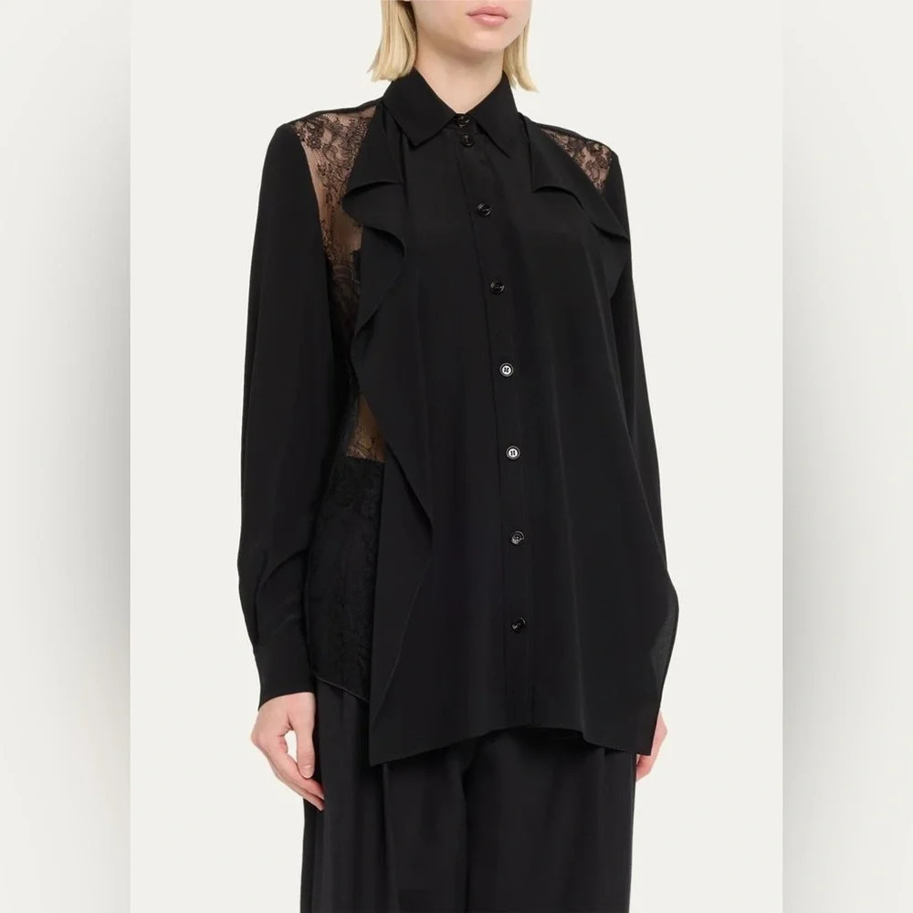 Burberry London NWT Veronica Silk Ruffle Inset Lace Blouse Black Womens‎ US 6