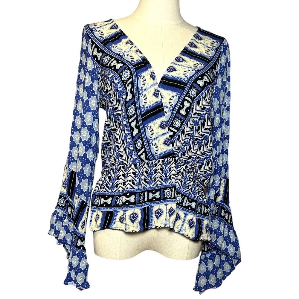 Free People Blue Boho Peasant Blouse Wide Sleeve Top M/L Whimsigoth Retro Folk