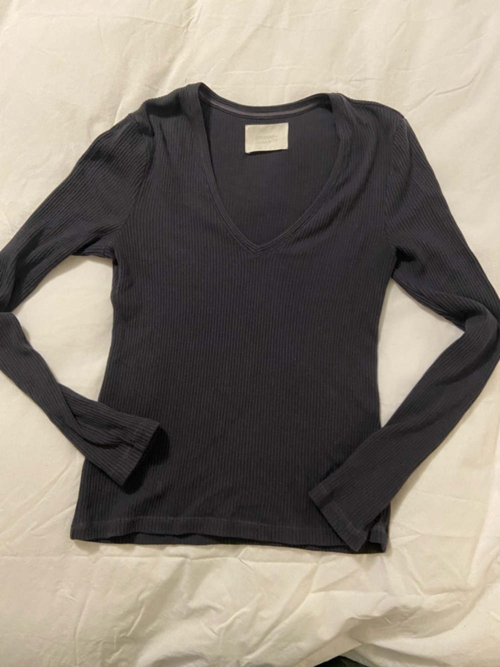 Citizens Of Humanity Black Ribbed V-Neck Long Sleeve Top