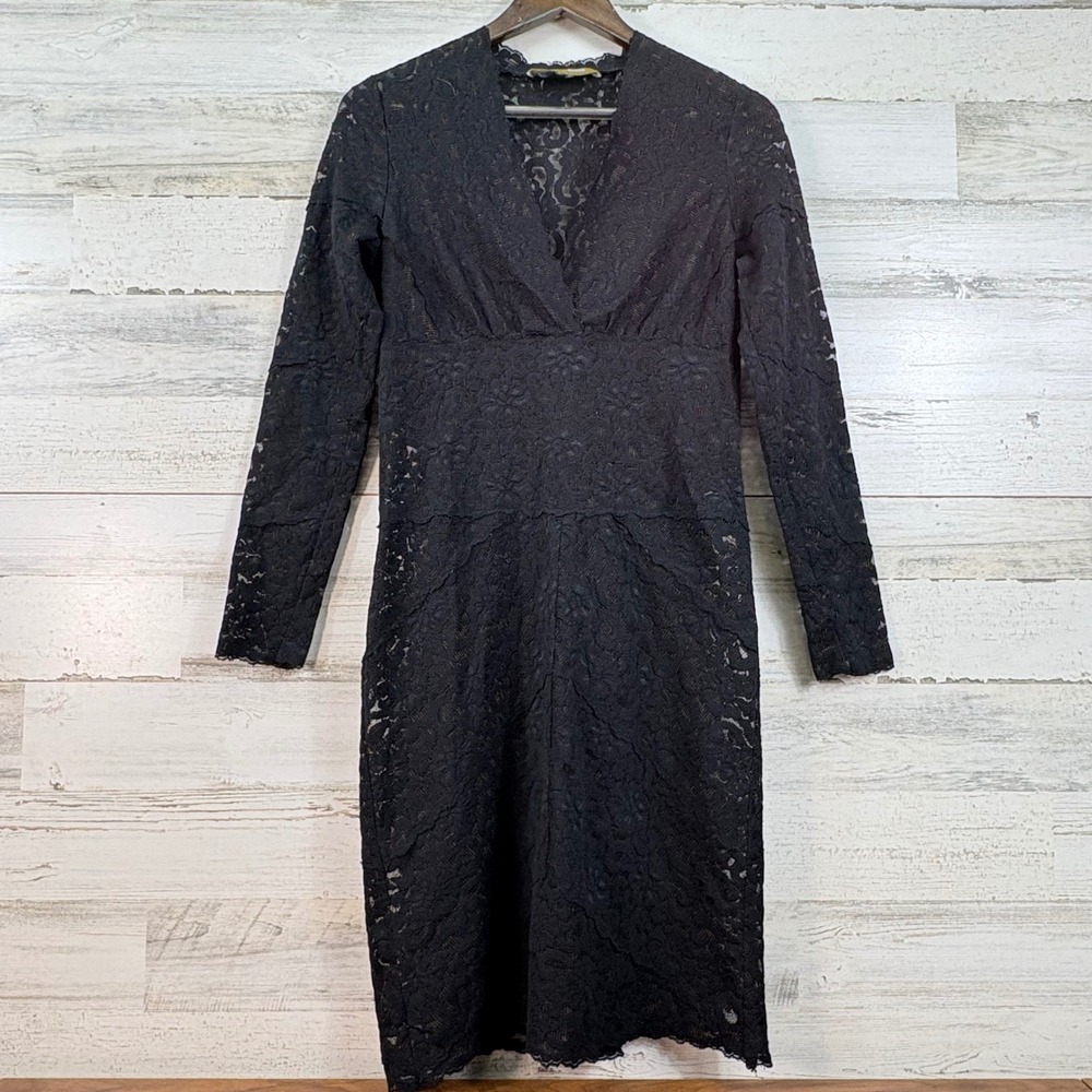 Nicole Miller Black Kate Floral‎ Lace V-Neck Sheath Dress Long Sleeve Medium