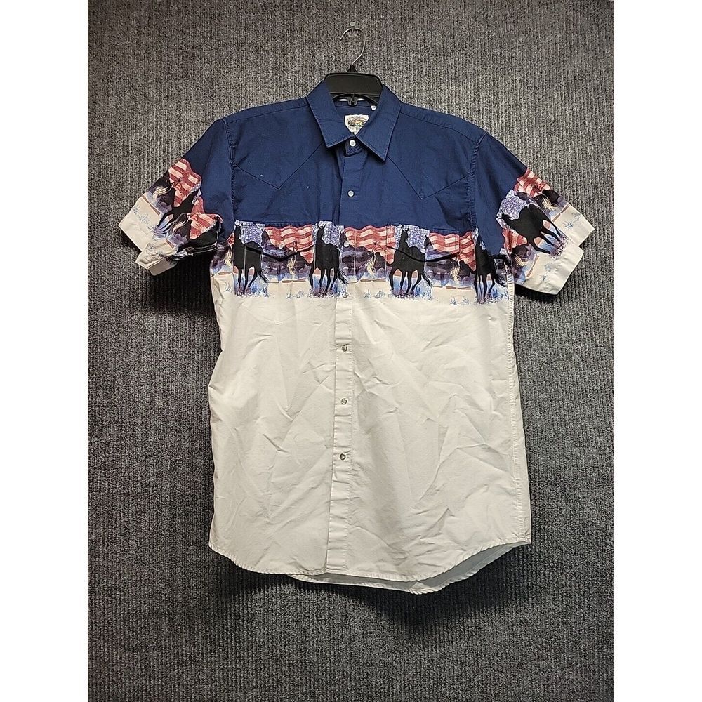 Cumberland Outfitters Mens Large‎ Western Shirt Blue White Horse American Flag L