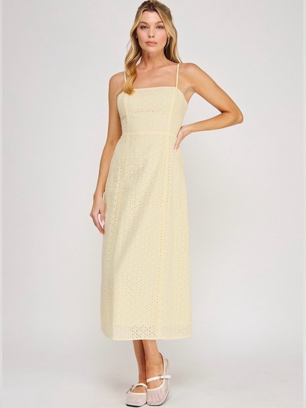 COMING SOON LOSE MY BREATH YELLOW EYELET MIDI DRESS