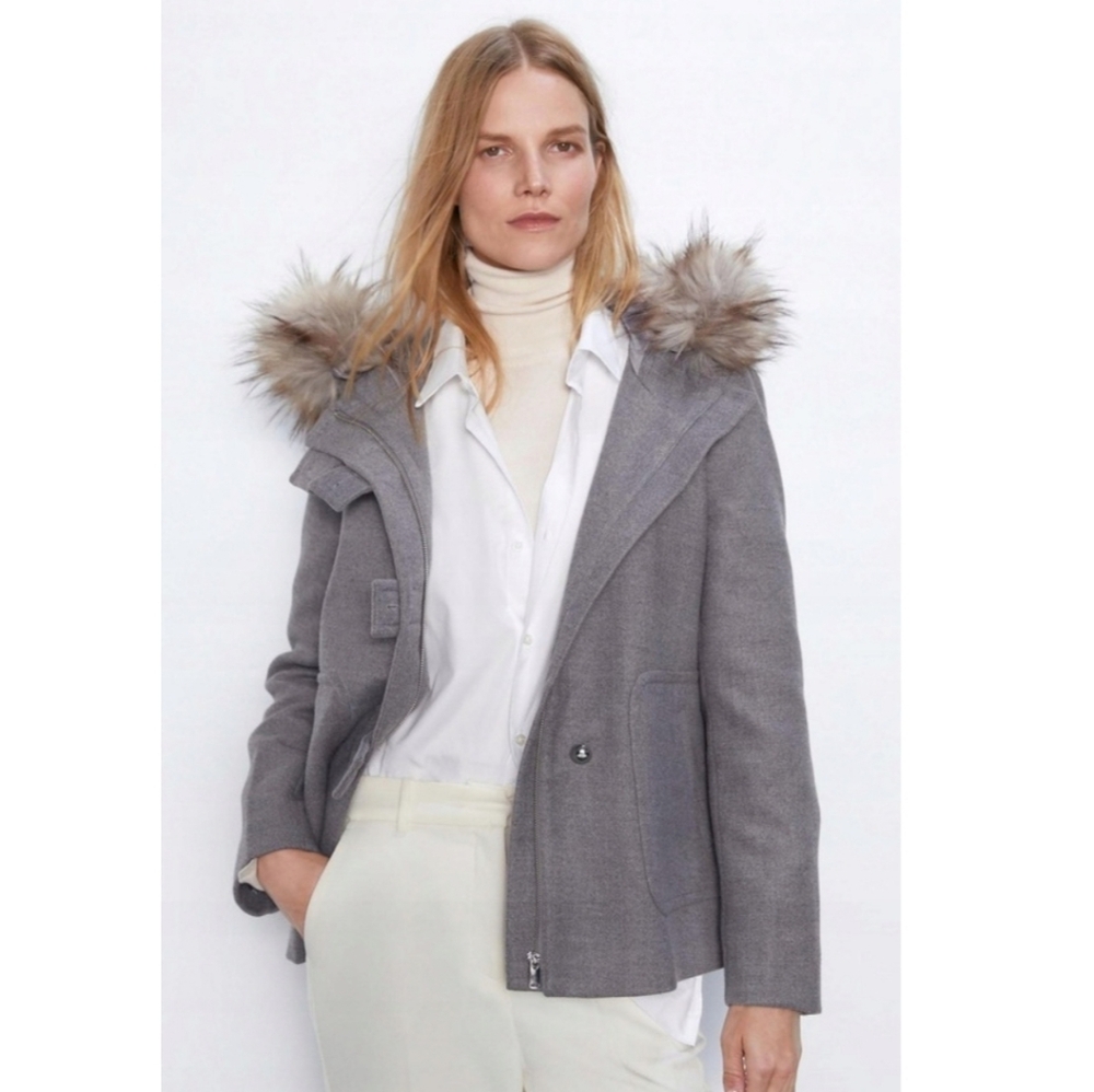 Zara Grey Detachable Faux Fur Trim Peacoat Jacket Size L