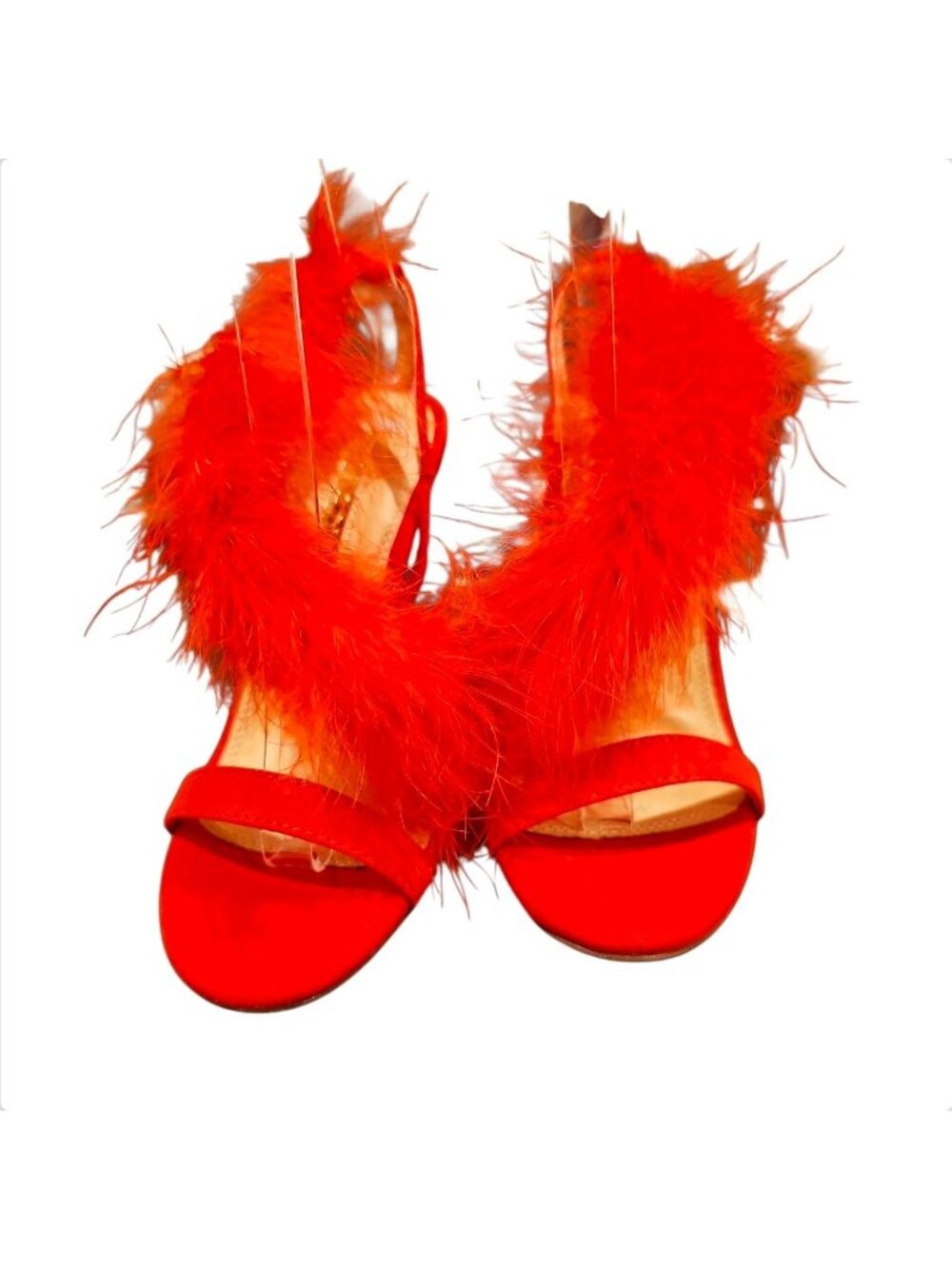 Bright Red Feathered High Heel Stiletto Open Toe Sandals With Dramatic Plume Acc - Picture 8 of 8