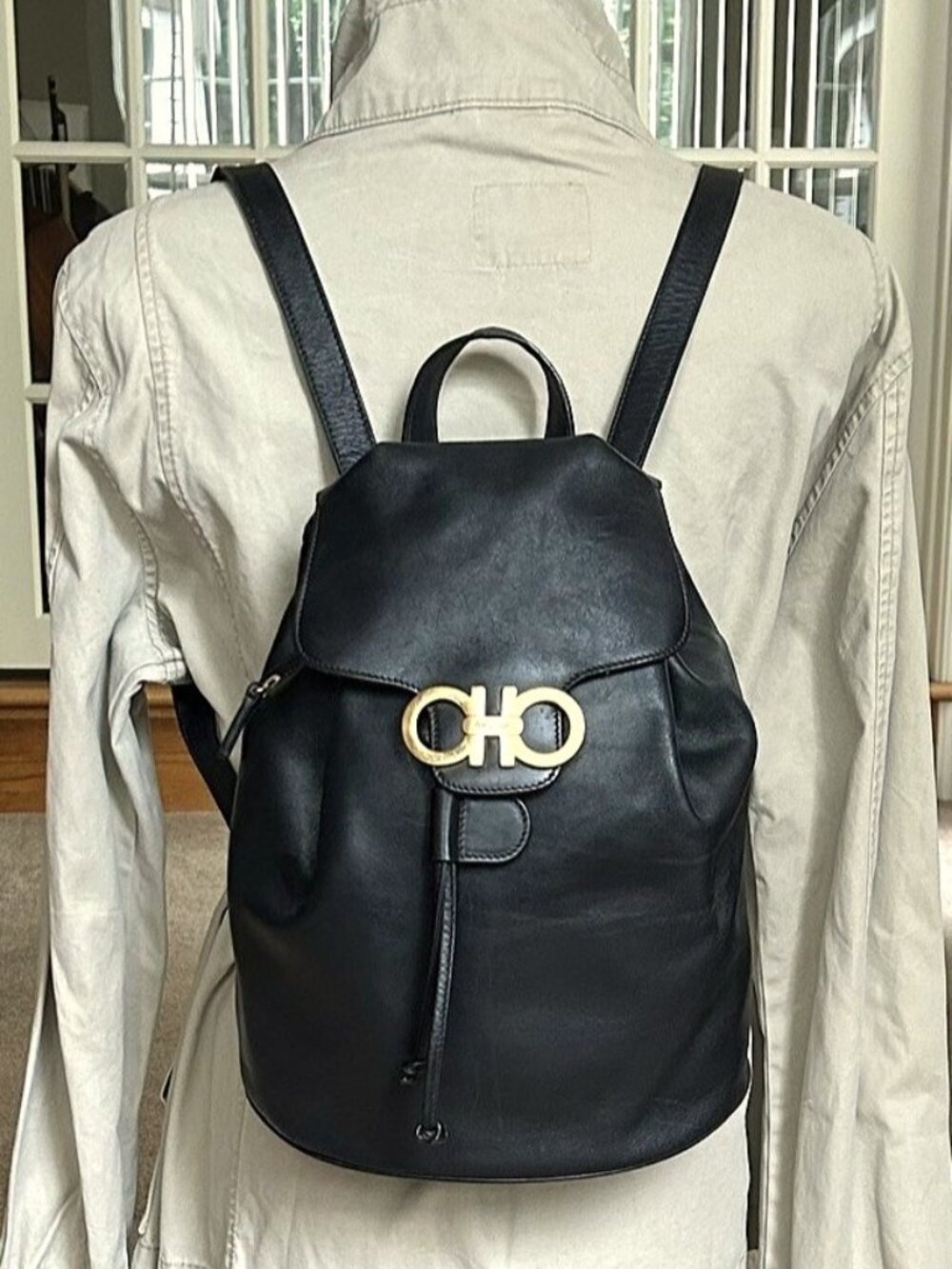 SALVATORE FERRAGAMO Gancini Leather Backpack, Black