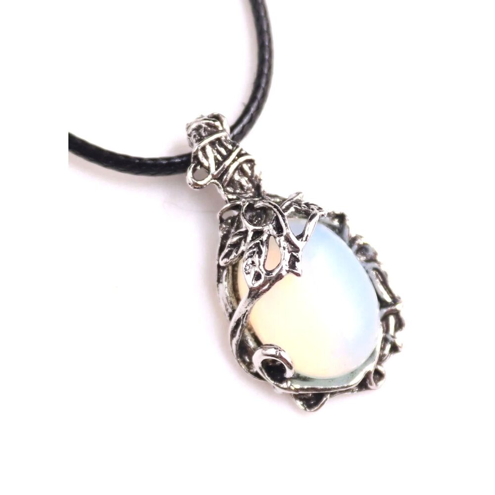 Oval Opal Crystal Pendant Necklace Silver Wrapped Gemstone Charm Adjustable Boho