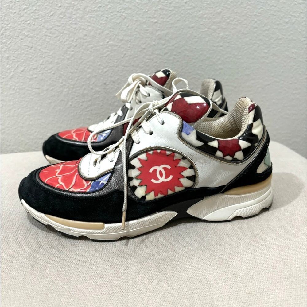 Chanel multicolor logo sneakers tennis shoes lace up size 38.5