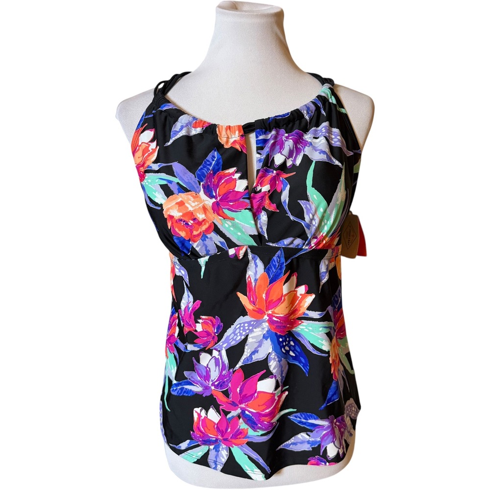 St. John's Bay Tankini Top Women 14 Black Floral Macrame Strappy Back ZX102254