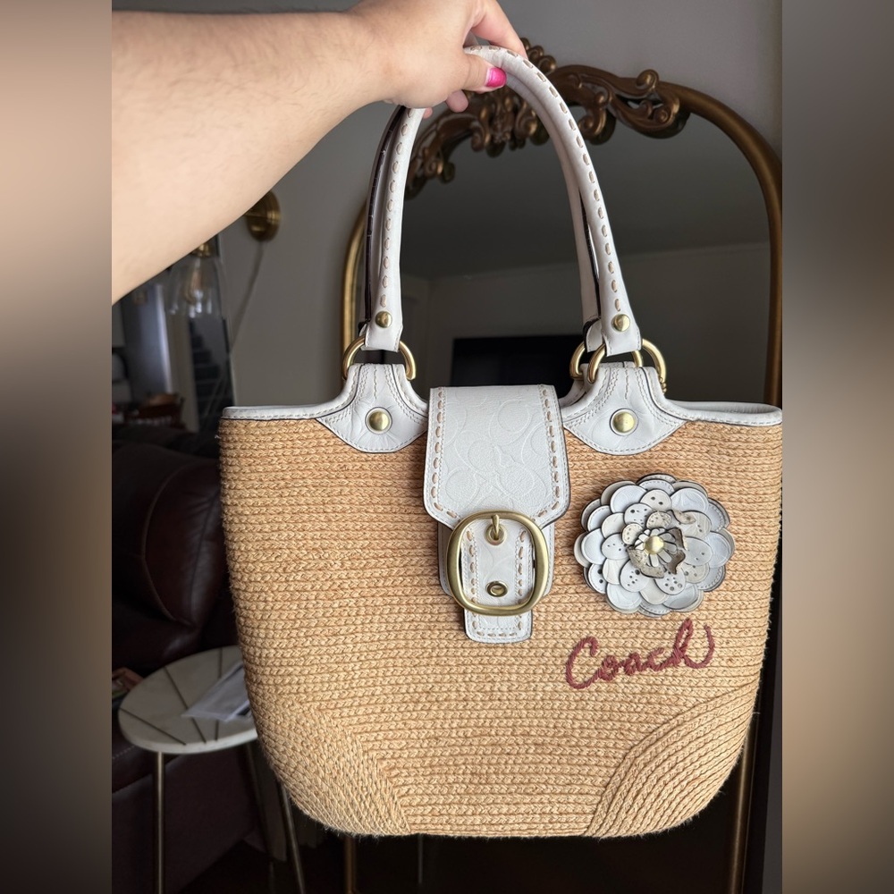 Coach Bleecker Straw Tote with White Trim and Floral Applique