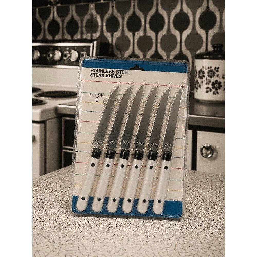 Vintage NOS Stainless Steel Steak Knife Set of 6 White Handles Taiwan ROC Sealed