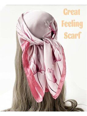 27.5" Mulberry Silk Feeling Head Pink Floral Prin Scarf Square Neck Satin Scarfs