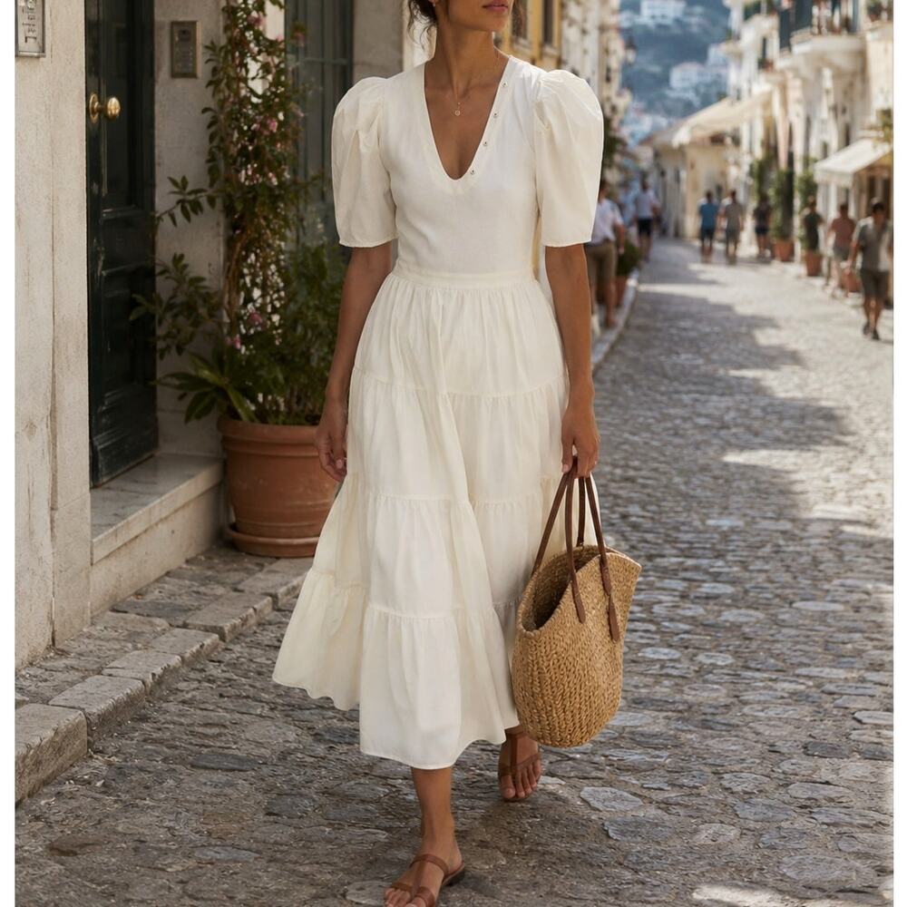 Ulla Johnson S Cotton Poplin Rory Dress $425 Puff Sleeve Tiered Midi Ivory White