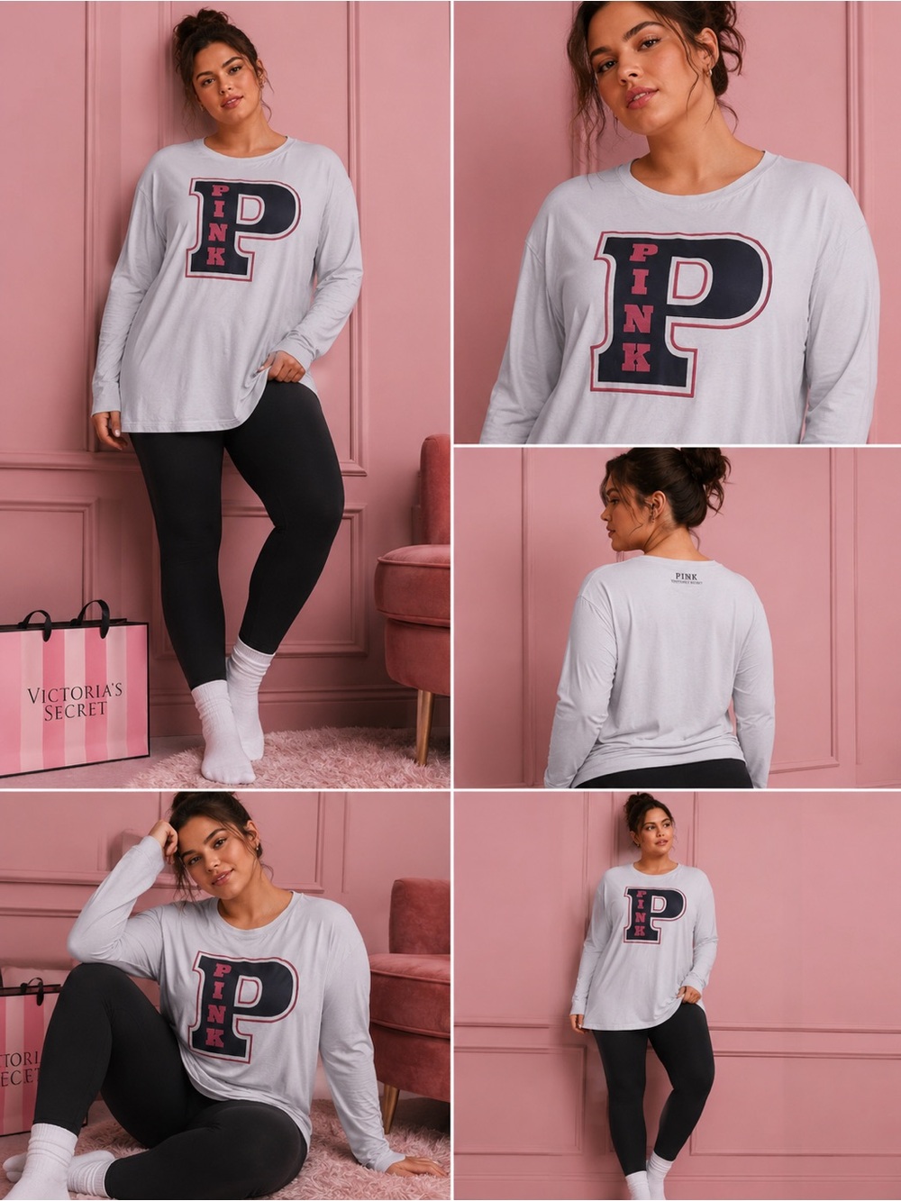 PINK Victoria's Secret Light Gray Long Sleeve Shirt with Navy & Pink Graphic P