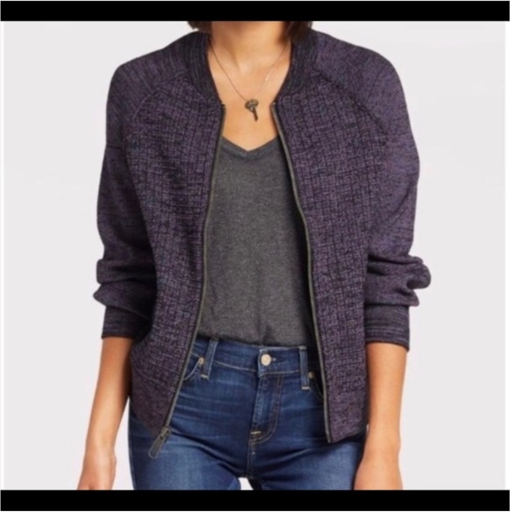 Free People heavyweight knit bomber jacket/ sweater, purple/ black marled