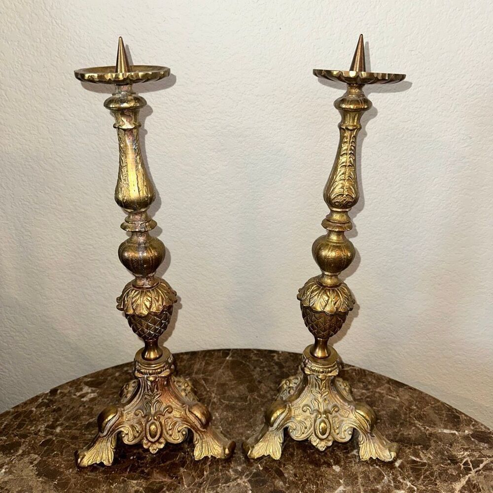 Ornate Brass Alter Candlesticks Pair