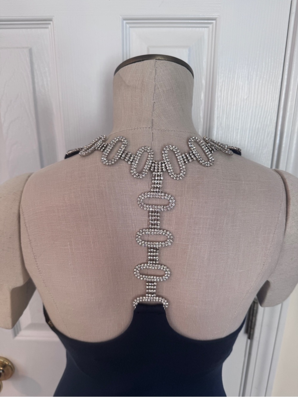SKY Midnight Blue Rhinestone Chain Back Ruched Mini Dress XS NWT Y2K Party Vegas - Picture 3 of 8