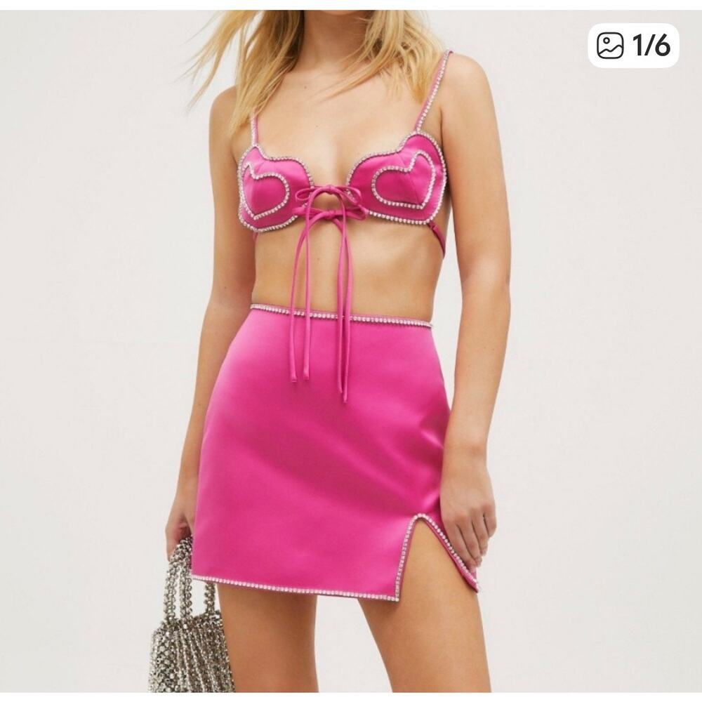 Nasty Gal NWT Y2K McBling Glam Rhinestone Embellished Hot Pink Mini Skirt Sz 6