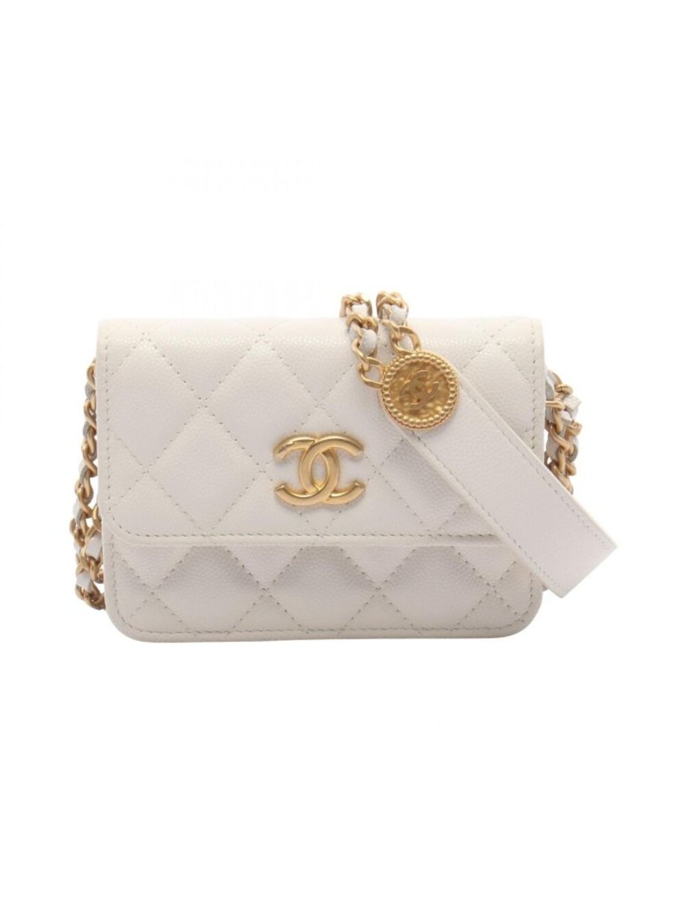 Chanel Shoulder Bag Quilted White Caviar Leather with Chain Card Case