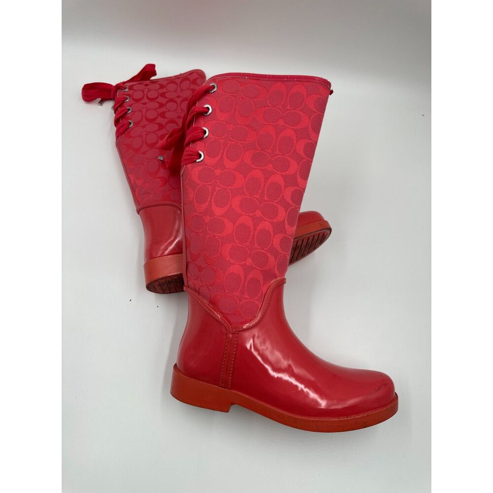 Coach Signature Rain Boots Waterproof Design Lace Up Design on Back Sz 9 AS IS - Picture 2 of 8