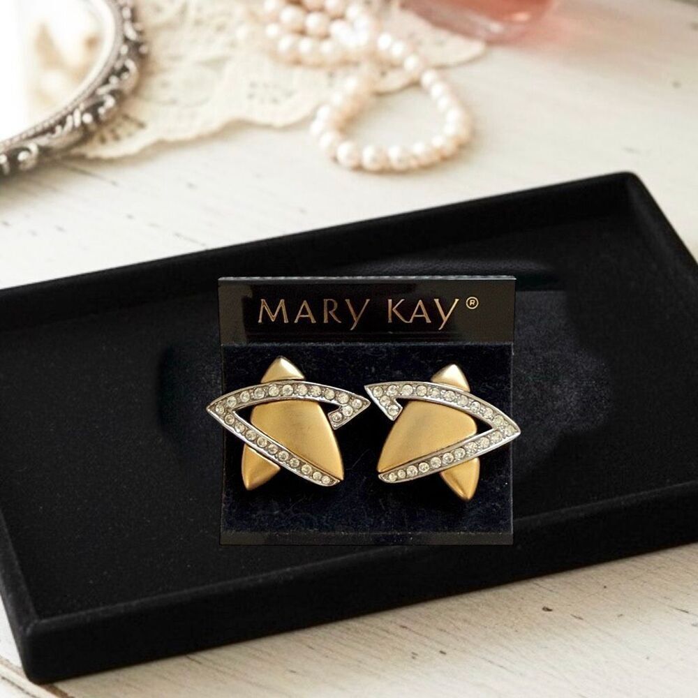 Mary Kay Vintage Brushed Gold Tone Rhinestone Star Clip Earrings NEW