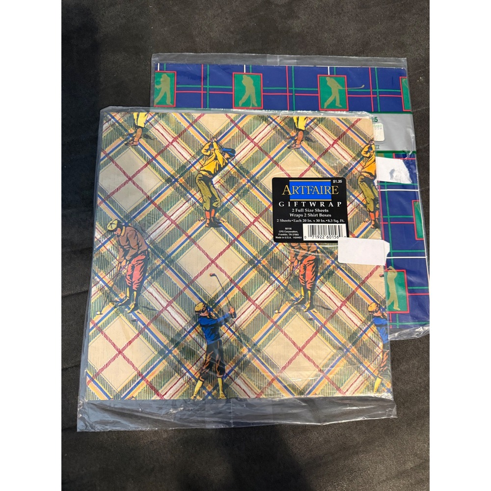 ARTFAIRE GIFT WRAP 2 Full Size Sheets Golfers Plaid Beige Red‎ Blue Yellow