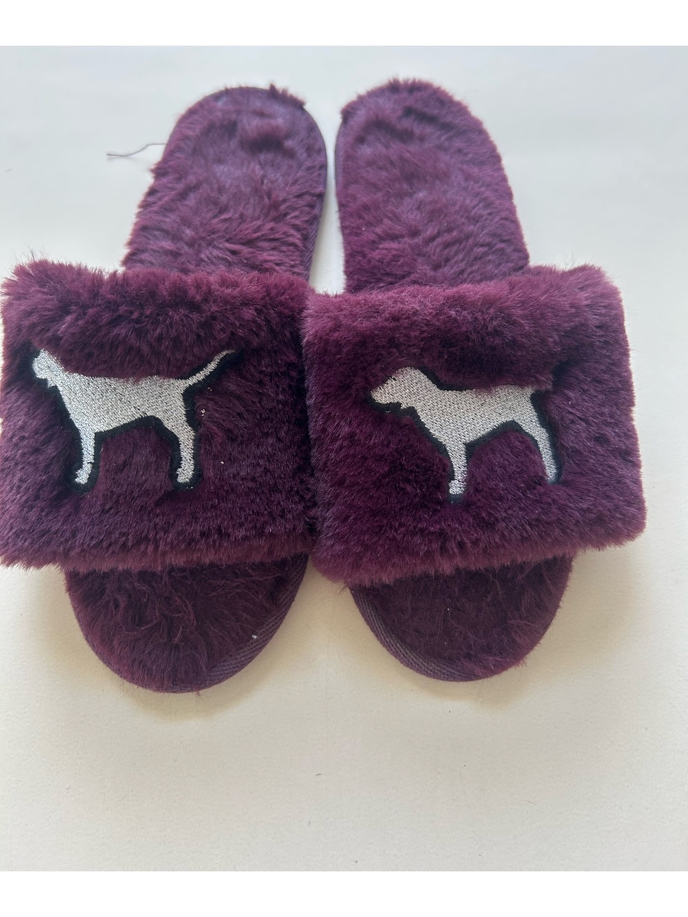 PINK Victoria's Secret Plush Slide Sandals in Deep Plum with Silver Dog Logo