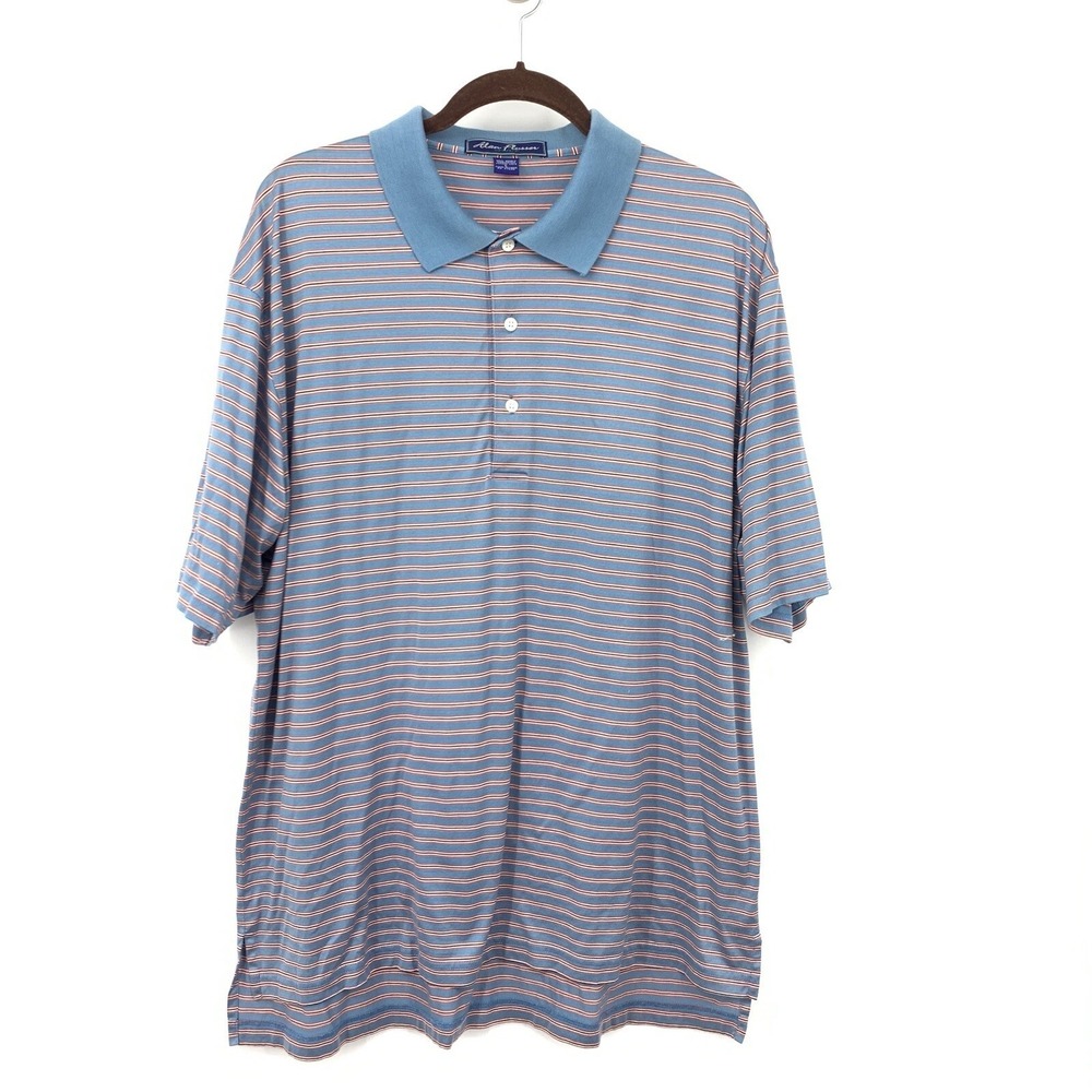 Alan Flusser Men Large Golf‎ Polo Shirt Blue Red Striped Cotton Short Sleeve