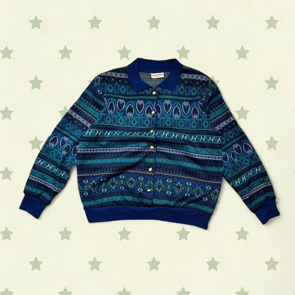 Vintage 90s Retro Patterned Blue‎ Grandpa Sweater