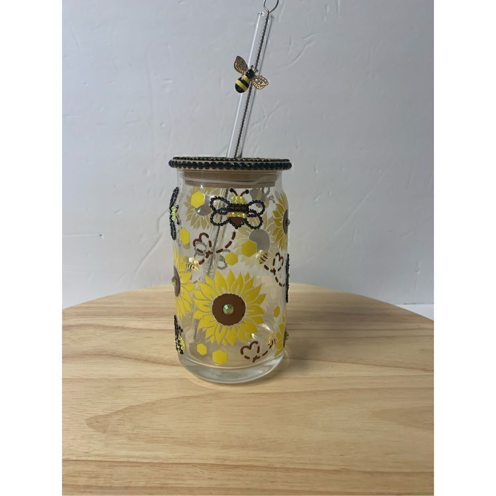 Handmade Bees and Sunflowers 16 oz glass cup with straw topper