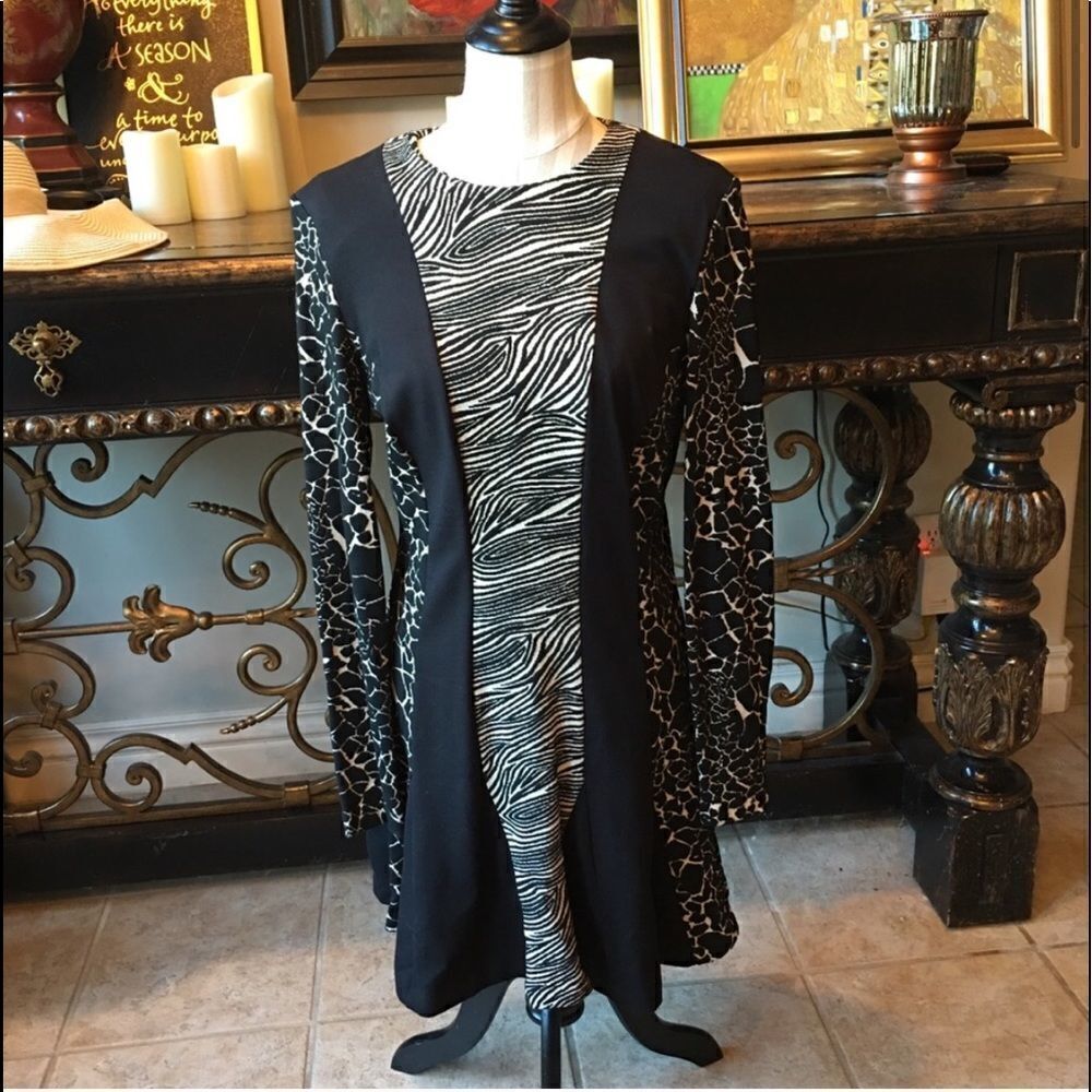 Nicole Miller Atelier Mixed Animal Print Colorblock Sweater Dress L - Picture 9 of 13