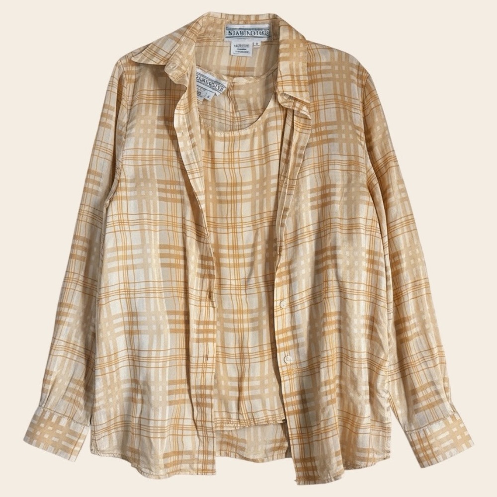 Vintage‎ Y2K 100% Silk Shirt and Tank Top Set Sz 4 Yellow Plaid