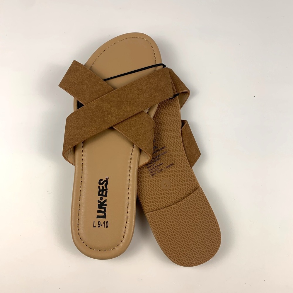 Luk-ees by Muk Luks Womens‎ Sandals Cognac Brown Tan Faux Leather Sz L 9/10