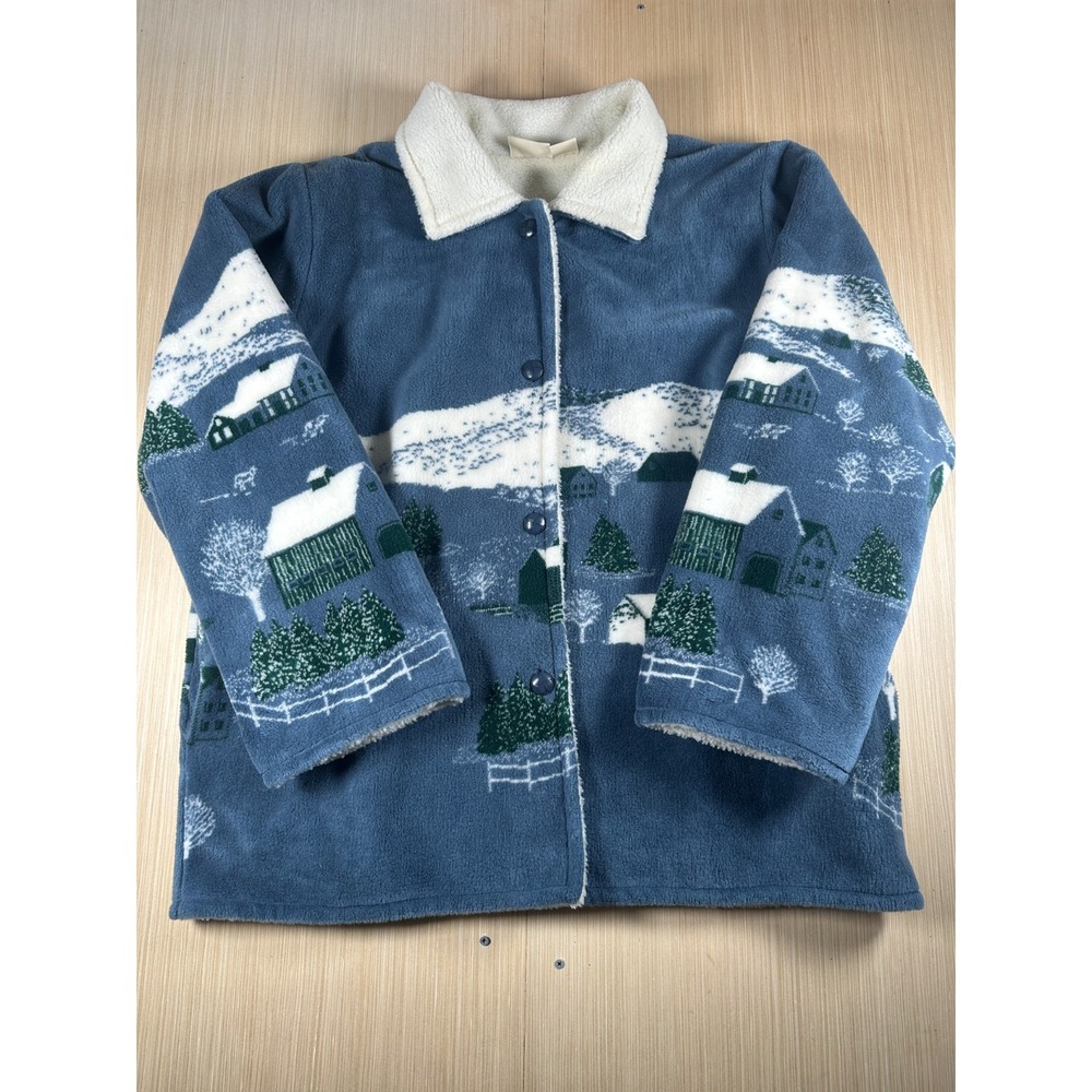 Vintage 90s St. John's Bay‎ Fleece Jacket Womens 2X Blue Hillside All Over Print