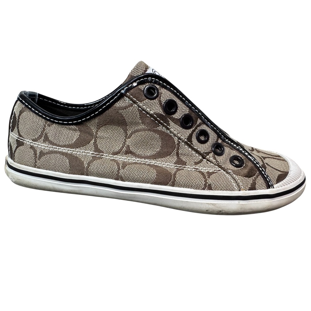 Coach Kira Laceless Signature C Brown‎ Jacquard Low Top Slip On Sneakers  5.5