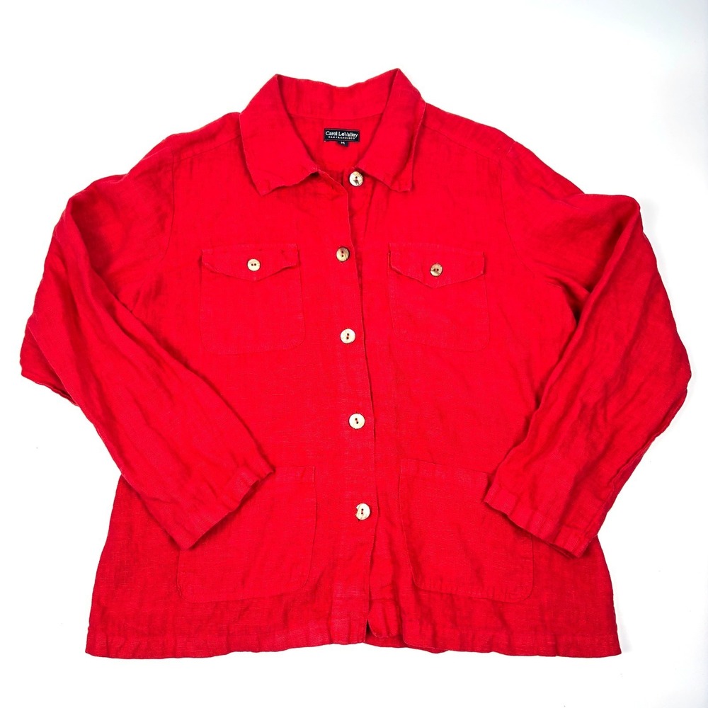 VTG Carol LeValley San Francisco Linen Utility Jacket Womens Sz M Red Lightwt
