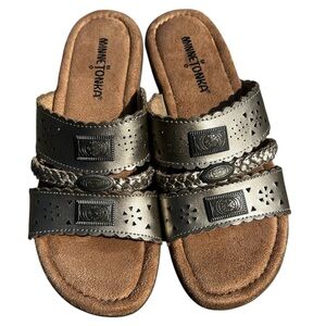 Minnetonka Leather Bronze Cut-Out Slide Sandals NEW 6
