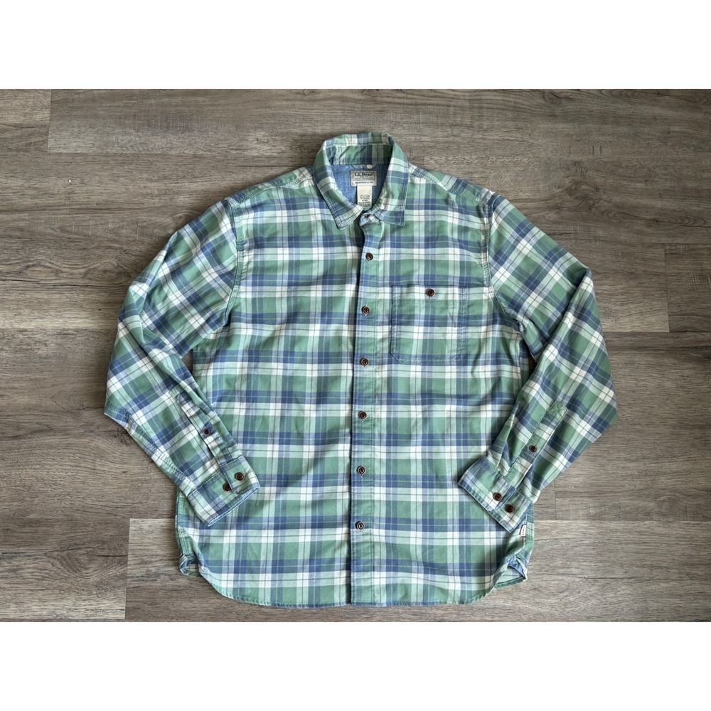 L.L.Bean Plaid Flannel Shirt Men M Traditional Fit Green Blue Stretch Button Up