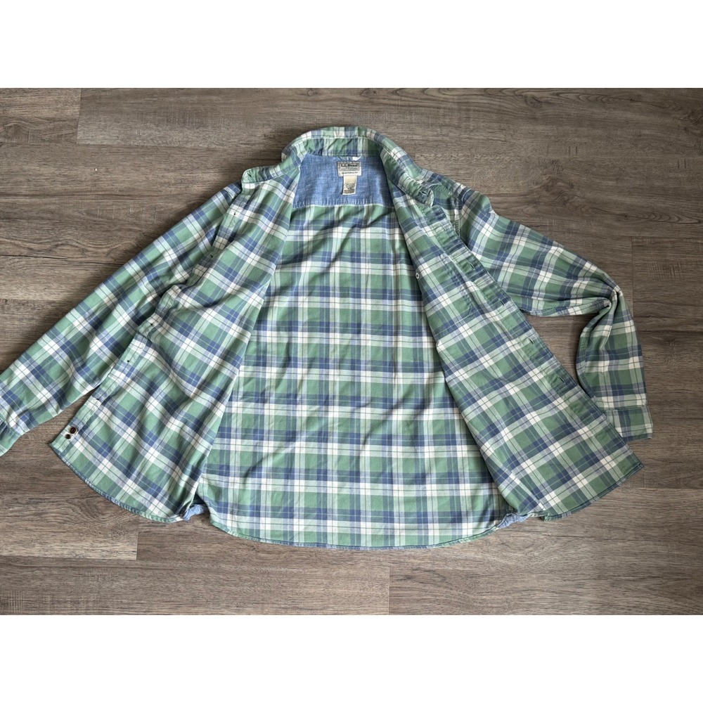 L.L.Bean Plaid Flannel Shirt Men M Traditional Fit Green Blue Stretch Button Up - Picture 7 of 12