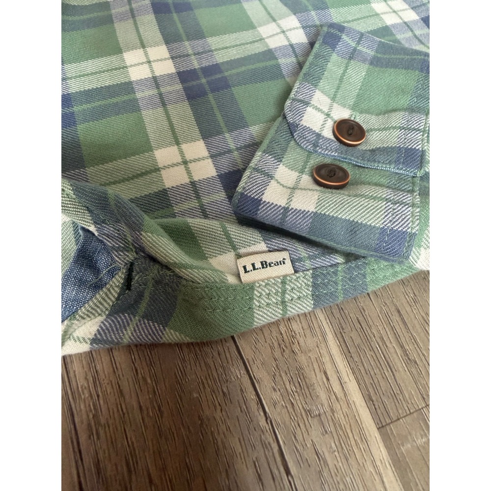 L.L.Bean Plaid Flannel Shirt Men M Traditional Fit Green Blue Stretch Button Up - Picture 5 of 12