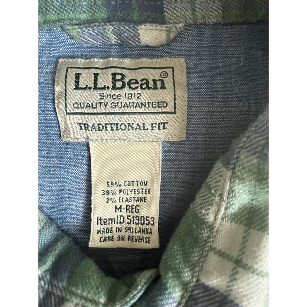 L.L.Bean Plaid Flannel Shirt Men M Traditional Fit Green Blue Stretch Button Up - Picture 6 of 12
