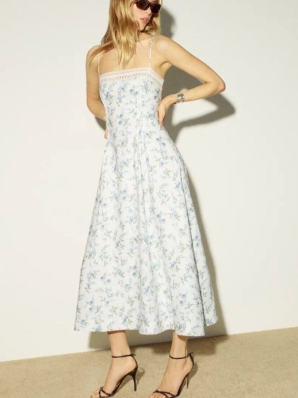 NEW Reformation Pomona Linen Lace Trim Midi Dress Nostalgia Floral | US 0 UK 4