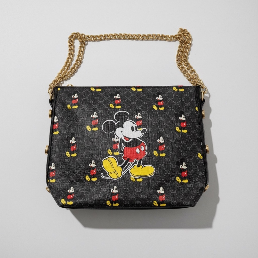 Character Print Black Crossbody Bag with Gold Chain