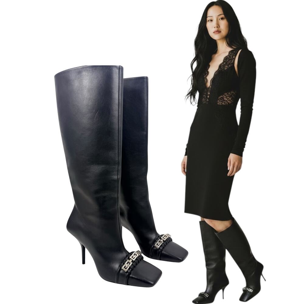 New Givenchy G Woven Leather Knee High Square Toe Boots Black Size 37
