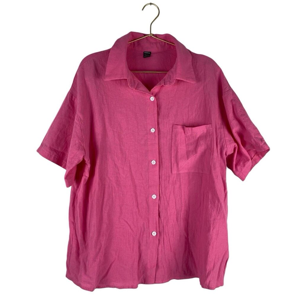Shein Shirt‎ Pink Button Up Unisex Short Sleeve Size LG 568