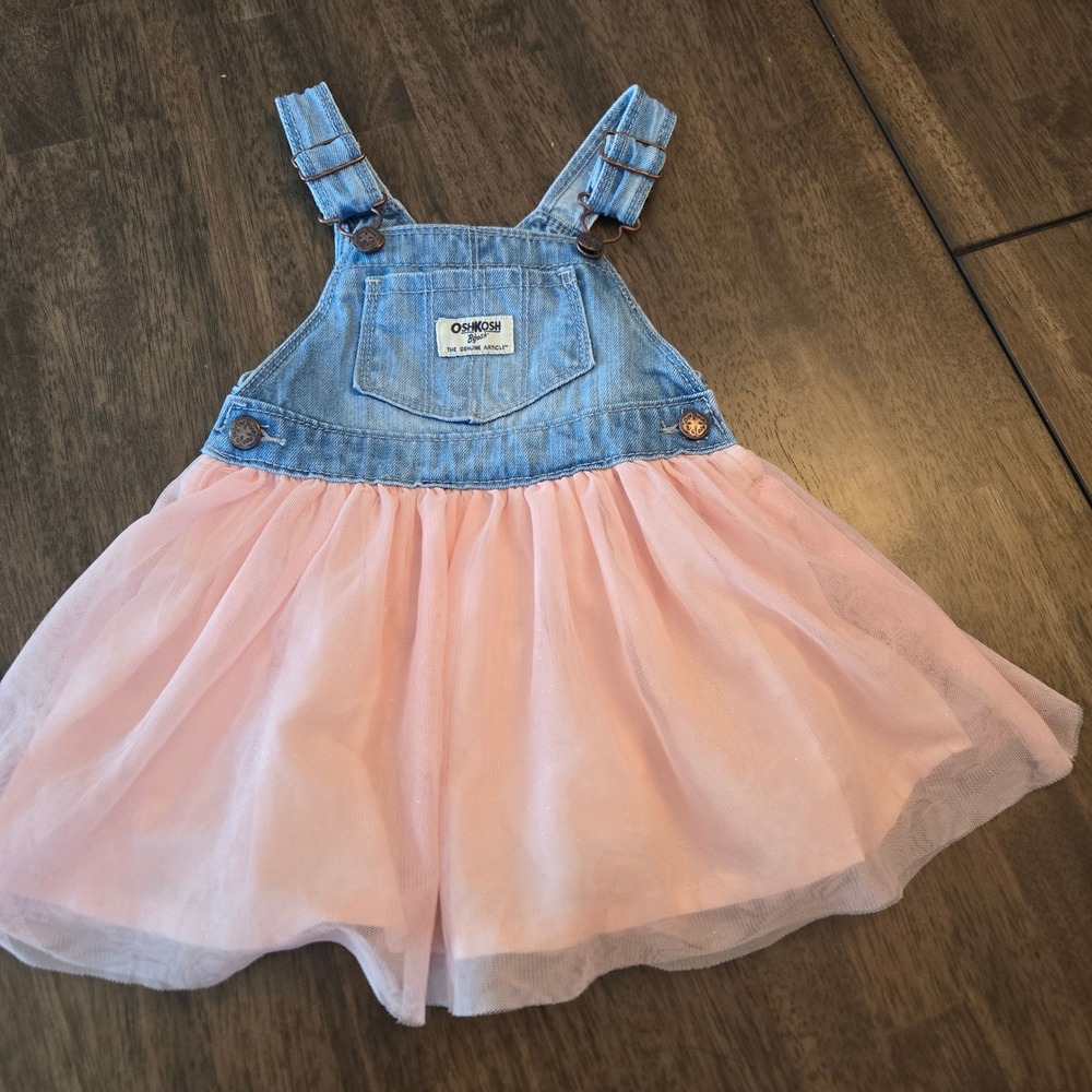 OshKosh Bgosh Baby Girls Denim Pink Tulle Tutu Overall Jumper‎ Dress 18M