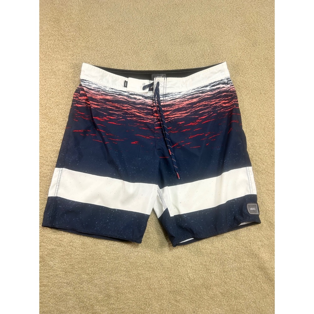 Vans‎ Mens Board Shorts Sz 34 Navy Red White Stripe Print Swim Surf