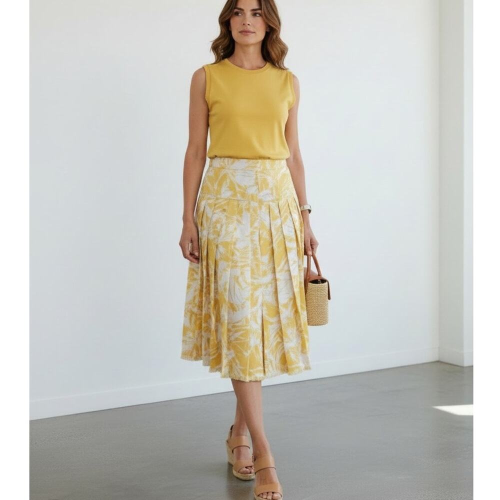 Oscar de la Renta Yellow Floral Pleated Fringe Skirt Sz 8