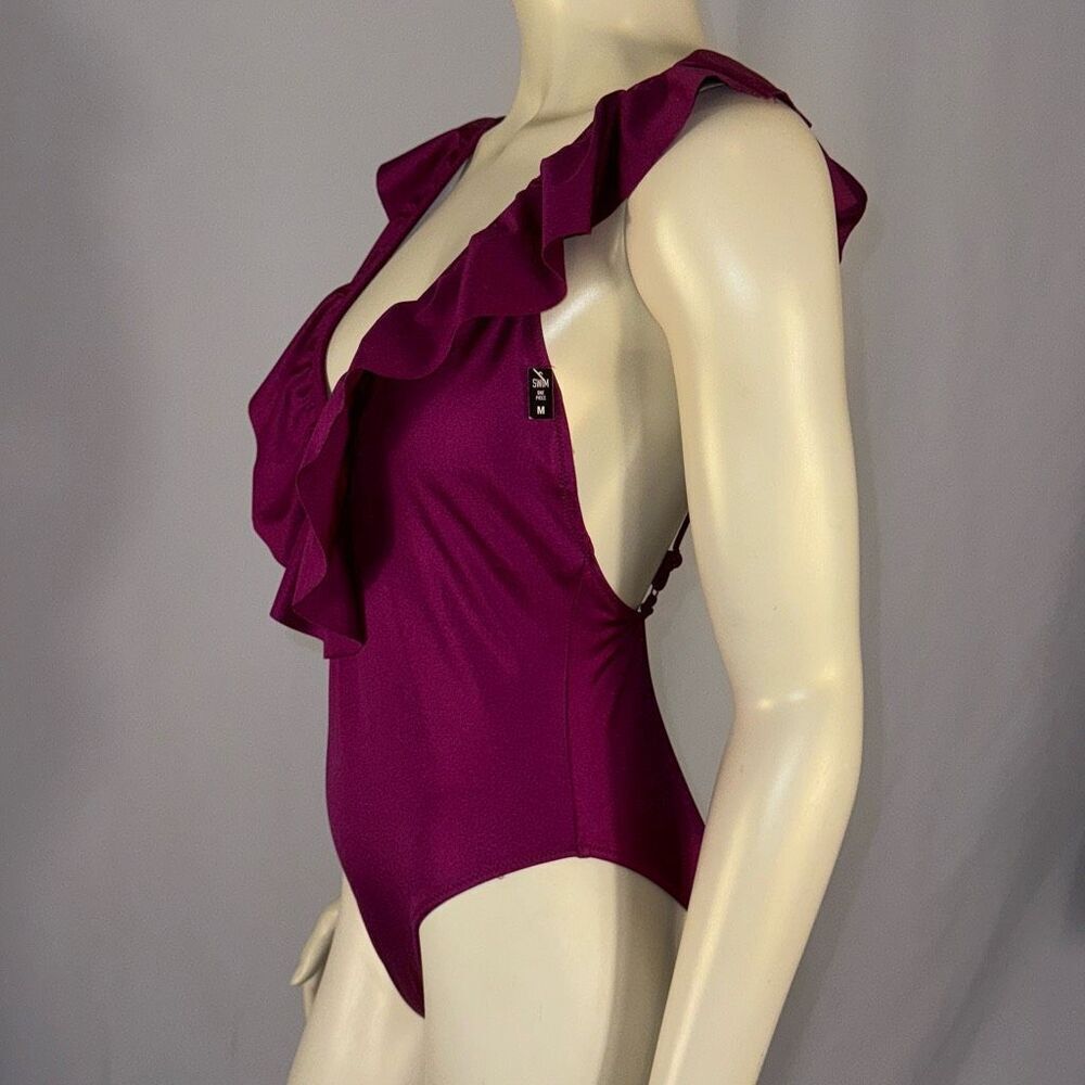 PINK Victoria's Secret One Piece Ruffle Swimsuit Deep V Violet Purple Medium - Picture 8 of 15